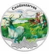 // festett motívum, Csodaszarvas, festett emlékérem, ezüstözött rézötvözet, ,  // A szarvasábrázolás már i.e. 4. században megjelent, a  hun-magyar mondakörben és az egyik legfontosabb mitológiai állatunk. A néphagyomány szerint a homlokán a fényes Nap, o