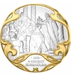 // színarannyal díszített ezüstözött érem, A Szent Korona elrablása // 1638-ban III. Ferdinánd feleségét koronázták királynévá, mikor a koronaőrök nem tudták kinyitni a Szent Koronát őrző ládát. Erőszakkal feszítették fel, és ekkor mértek olyan ütéseket r