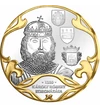 // színarannyal díszített ezüstözött érem, Károly Róbert hármas koronázása // Magyar királyt az esztergomi érseknek kellett Székesfehérvárott megkoronáznia a Szent koronával. Nagy királyunkat, Károly Róbertet háromszor koronázta meg az érsek, mire teljesü