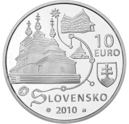 // 10 euró, 900-as ezüst, Szlovákia, 2010 // - 2008-ban a szlovákiai fatemplomokkal bővült az UNESCO örökség. Itt a római és görög katolikus, valamint a református egyház is átvette a helyiek faépítési hagyományát, és templomot emeltek fából. Ezek egyike 