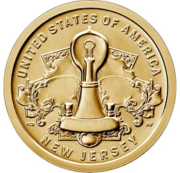 // 1 dollár, USA, 2019 // - Edison találmánya a villanykörte minden háztartásba eljuttatta a biztonságos és egyszerűen használható fényt! Ez a találmány megváltoztatta az emberiség életét. Az Amerikai újítók érmesorozat részeként New Jersey állam emlékezi