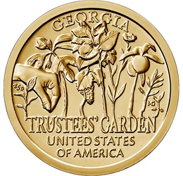 // 1 dollár, USA, 2019 // - Az amerikai újítók előtt tisztelgő érmesorozat tavaly megjelent utolsó kibocsátása Georgia állam újítását mutatja be, az 1730-ban létrehozott Trustees Kertet. A kert nemcsak botanikai, hanem mezőgazdasági szempontból is fontos 