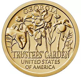 // 1 dollár, USA, 2019 // - Az amerikai újítók előtt tisztelgő érmesorozat tavaly megjelent utolsó kibocsátása Georgia állam újítását mutatja be, az 1730-ban létrehozott Trustees Kertet. A kert nemcsak botanikai, hanem mezőgazdasági szempontból is fontos 