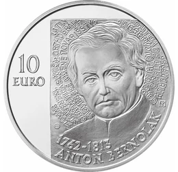 // 10 euró, 900-as ezüst, Szlovákia, 2012 // - Bernolák Antal katolikus pap, író, nyelvész a szlovák irodalmi nyelv megalkotója. Munkássága a szlovák nép irodalmi önállóságához vezetett. Születésének 250. évfordulójáról emlékezett meg a Szlovák Nemzeti Ba