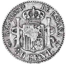 50 centimo, XIII. Alfonz, , Ag 835, 2,5 g, Spanyolország, 1894