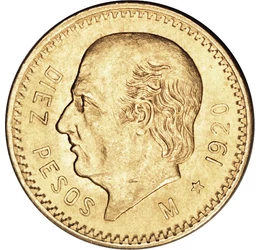  10 peso, Hidalgo, 1905-1959, arany, Mexikó