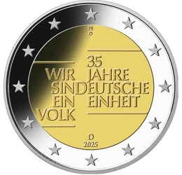 2 euró, Stilizált berlini fal, benne 35. évforullója a német egységnek, CuNi, 8,5 g, Németország, 2025