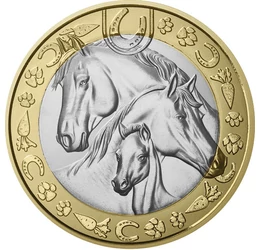 5 euró, Három ló, körülöttük szimbólumok, CuNi, 11,7 g, Franciaország, 2025