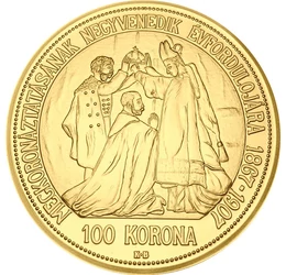 Jubileumi koronázási aranyérme, 100 korona utánveret, Osztrák-Magyar Monarchia, 1907