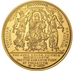 koronázási érem, utánveret, Páva, farktollain címerekkel, CuNi+Au, 35 g, Magyar Királyság, eredeti érme: 1563