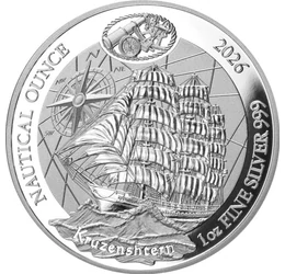 50 frank, Kruzenshtern vitorlás, iránytű, , Ag 999, 31,1 g, Ruanda, 2026