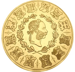 4 dukát utánveret, Ferenc József, 12 címer, CuNi+Au, 24 g, Osztrák-Magyar Monarchia, eredeti érme: 1873