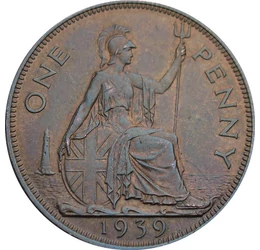 1 penny, Britannia nőalak pajzzsal, , , CuNi, 9,45 g, Nagy-Britannia, 1937-1948