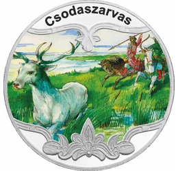 // festett motívum, Csodaszarvas, festett emlékérem, ezüstözött rézötvözet, ,  // A szarvasábrázolás már i.e. 4. században megjelent, a  hun-magyar mondakörben és az egyik legfontosabb mitológiai állatunk. A néphagyomány szerint a homlokán a fényes Nap, o