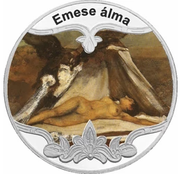 // festett motívum, Emese álma, festett emlékérem, ezüstözött rézötvözet, ,  // Legendáink egy mára letűnt életről, a sztyeppéket uraló nomád népről mesélnek. Az ő történetük ihlette ezt a gyönyörű festett emlékérmet, mely egy ősmagyar legendát jelenít me