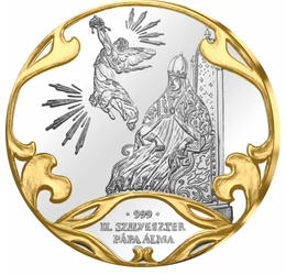 // színarannyal díszített ezüstözött érem, A pápa álma a Szent Koronáról // A Szent Korona első dicsőségét az a legenda őrzi, hogy II. Szilveszter pápa az álmában megjelent Gábriel arkangyal sugallatára adta István királyunk küldötteinek az épp elkészült 