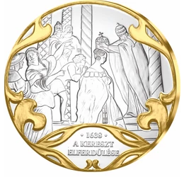 // színarannyal díszített ezüstözött érem, A Szent Korona elrablása // 1638-ban III. Ferdinánd feleségét koronázták királynévá, mikor a koronaőrök nem tudták kinyitni a Szent Koronát őrző ládát. Erőszakkal feszítették fel, és ekkor mértek olyan ütéseket r