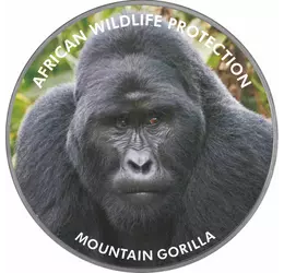 // 2000 shilling, Gorilla, festett, színezüsttel bevont, Uganda, 2006 // Uganda ámulatba ejtő természeti szépsége, Afrika vadvilága, maga az érintetlen természet. Nemzeti parkjainak legnemesebb vadjai mégis veszélyben vannak. Erre hívja fel a figyelmet ez
