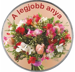 // Édesanyák köszöntése alkalmi éremmel, díszborítékban, frézia csokor, színezett érem, díszborítékban //