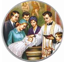 // Keresztelőre köszöntő érem (katolikus) névre szóló ajándékkártyával, díszborítékban, színezett érem, díszborítékban //