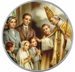 Elsőáldozás alkalmi érem (katolikus) névre szóló ajándékkártyával, díszborítékban