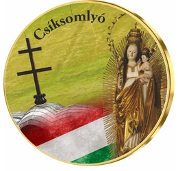 // színes emlékérem, Csíksomlyó emlékérem, , ,  // Egyedi színes érem a világhíres Csíksomlyói zarándokhelyről, ahova tavaly, Ferenc pápa is ellátogatott és egy aranyrózsával ajándékozta meg a Csíksomlyói Szűzanyát. Immár több évtizede, Pünkösdkor, a csík