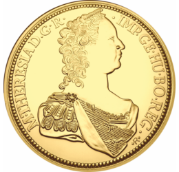 // eredeti érme 12 dukát, Aranyóriás Erdélyből, aranyozott rézötvözet, eredeti érme Gyulafehérvár, eredeti érme 1765 // 1765-től Mária Terézia felvette az Erdély nagyfejedelme címet, s hagyományozta tovább az őt követő Habsburg uralkodó körében is. Ennek 