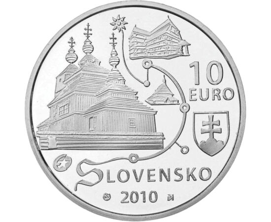 // 10 euró, 900-as ezüst, Szlovákia, 2010 // - 2008-ban a szlovákiai fatemplomokkal bővült az UNESCO örökség. Itt a római és görög katolikus, valamint a református egyház is átvette a helyiek faépítési hagyományát, és templomot emeltek fából. Ezek egyike 