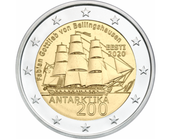 // 2 euró, Észtország, 2020 // - Fabian Gottlieb von Bellingshausent 1819-ben bízták meg a déli-sarki expedíció vezetésével. 1820. január 28-án elsőként pillantotta meg az antarktiszi szárazföldet. A kutatómunka során Vosztok nevű hajóval  körbehajózta a 