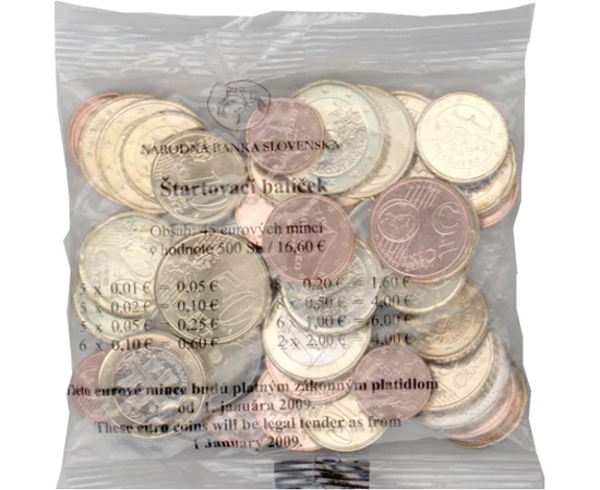 // 5x1  5x2  5x5  6x10  8x20  8x50 cent  6x1  2x2 euró  Szlovákia  2009 // - 2009-ben Szlovákia bevezette az eurót. Ebben az évben  többi országhoz hasonlóan úgynevezett kezdőcsomagot adott ki  hogy az emberek pénztárcájában meglegyen a mindennapi élethez