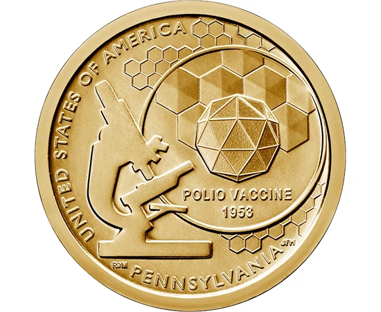 // 1 dollár, USA, 2019 // - Az Amerikai újítók érmesorozat olyan találmányokat és tudósokat mutat be, melyek nagy hatással vannak az emberiségre. Pennsylvania érméje a gyermekbénulás elleni védőoltás előtt tiszteleg. Ez a súlyos betegség a védőoltás hatás