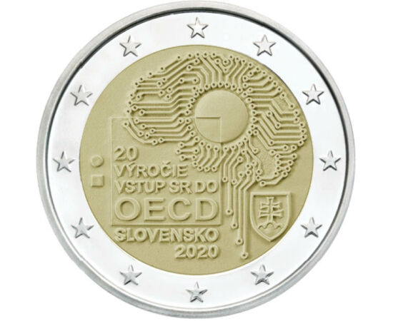 // 2 euró, Szlovákia, 2020 // - A Gazdasági Együttműködési és Fejlesztési Szervezet, az OECD 1961-ben alakult. Célja, hogy segítse a tagállamokat a lehető legjobb gazdasági és szociálpolitika kialakításában. Szlovákia 20 éve tagja a szervezetnek, mely évf