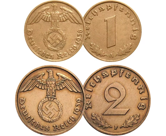 // 2x1  2  2x5  2x10  2x50 pfennig  1  2  5 márka  Harmadik Birodalom  1933-1945 // - A második világháború elmondhatatlan szenvedést hozott Európának. A hat évig tartó világégés több mint negyvenmillió katona és civil életét követelte  közöttük hatmillió