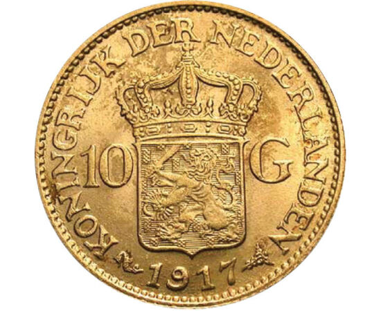  10 gulden, Wilhelmina, fiatal, arany, Hollandia