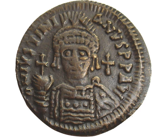 follis, utánveret, I. Justinianus, CuZn, 3 g, Bizánci Birodalom