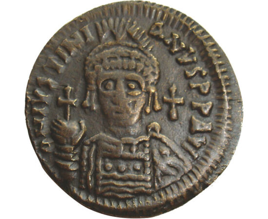 follis, utánveret, I. Justinianus, CuZn, 3 g, Bizánci Birodalom, ND