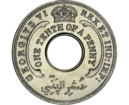 1/10 penny, Lyukas érme, hexagram, , CuNi, 1,9 g, Brit Nyugat-Afrika, 1938-1947