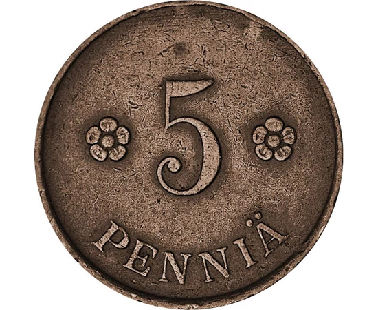 5 pennia, Címer, , rózsák, Cu, 2,5 g, Finnország, 1918