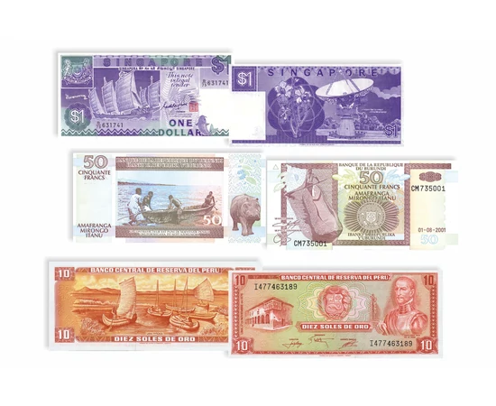 különböző bankjegyek  0 0 Burundi Kambodzsa Maldív szigetek Peru Szingapúr 