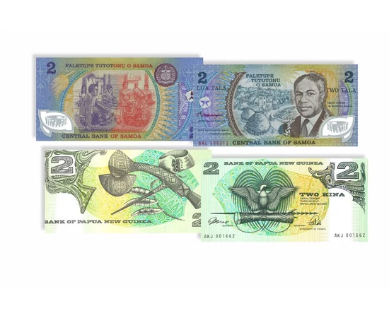 1 pa'anga, 2 dollár, 2 dollár, 2 tala, 2 kina, , 0, 0, Tonga,  Salamon szigetek, Fiji, Samoa, Pápua Új-Guinea, ND