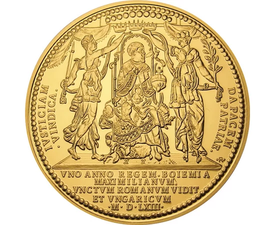 koronázási érem, utánveret, Páva, farktollain címerekkel, CuNi+Au, 35 g, Magyar Királyság, eredeti érme: 1563