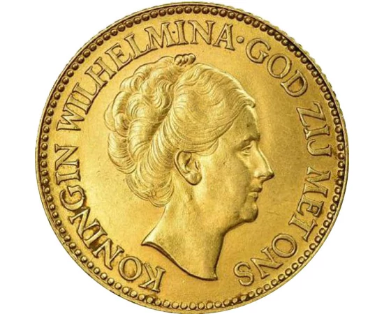 10 gulden, arany, Wilhelmina, idős, Hollandia