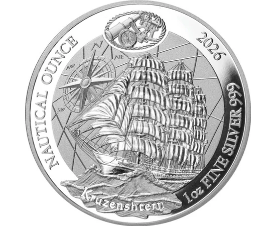 50 frank, Kruzenshtern vitorlás, iránytű, , Ag 999, 31,1 g, Ruanda, 2026