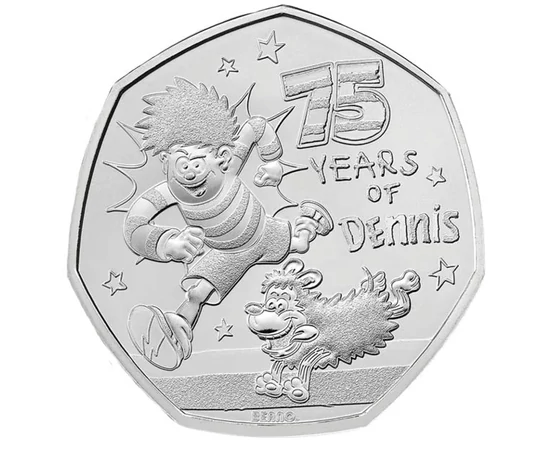 50 penny, Dennis, a komisz, Caffat kutya, 75 év, CuNi, 8 g, Nagy-Britannia, 2026