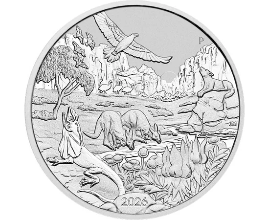 1 dollár, Ivóhely, kenguruk, sas, emuk, , Ag 9999, 31,1 g, Ausztrália, 2026