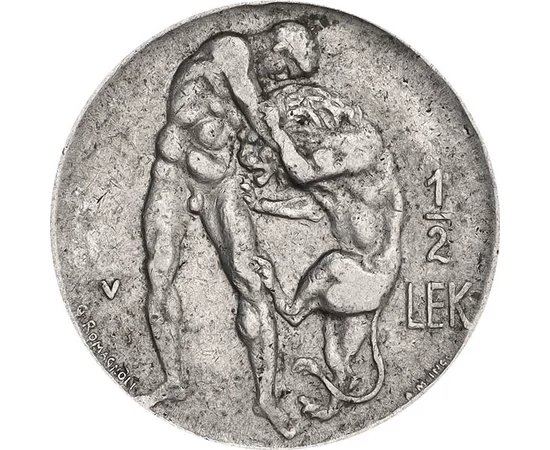 1/2 lek, Herkules, Nemeai oroszlán, , Ni, 6 g, Albánia, 1930-1931