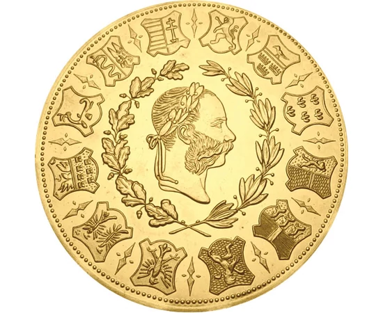4 dukát utánveret, Ferenc József, 12 címer, CuNi+Au, 24 g, Osztrák-Magyar Monarchia, eredeti érme: 1873