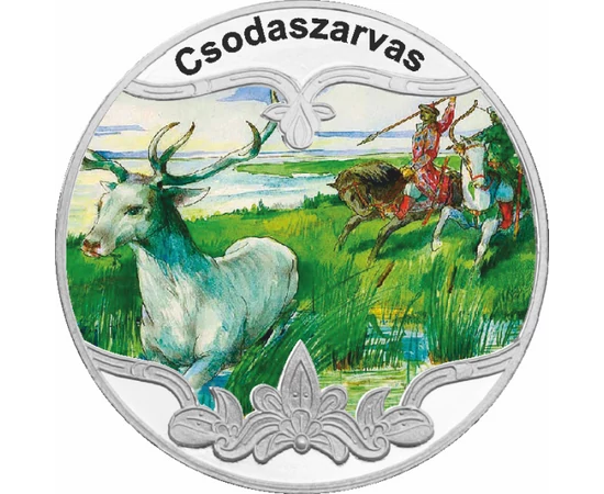 // festett motívum, Csodaszarvas, festett emlékérem, ezüstözött rézötvözet, ,  // A szarvasábrázolás már i.e. 4. században megjelent, a  hun-magyar mondakörben és az egyik legfontosabb mitológiai állatunk. A néphagyomány szerint a homlokán a fényes Nap, o