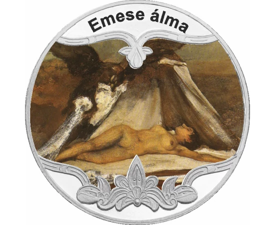 // festett motívum, Emese álma, festett emlékérem, ezüstözött rézötvözet, ,  // Legendáink egy mára letűnt életről, a sztyeppéket uraló nomád népről mesélnek. Az ő történetük ihlette ezt a gyönyörű festett emlékérmet, mely egy ősmagyar legendát jelenít me