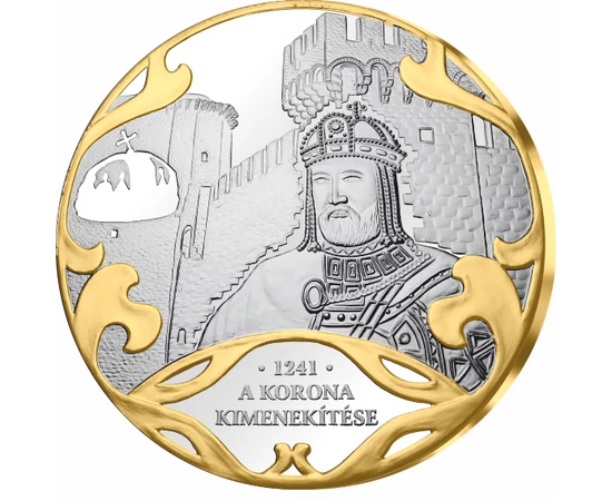 // színarannyal díszített ezüstözött érem, A Szent Korona kimenekítése // A Szent Korona egyik első rejtélye, kalandja, hogy a tatárjárás idején miként menekítették ki Székesfehérvárról, az országból a korona ékszereket. Johannita lovagok vállalták a kock